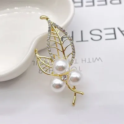 Fashion Rhinestone Pearl Leaf Brooch For Woman